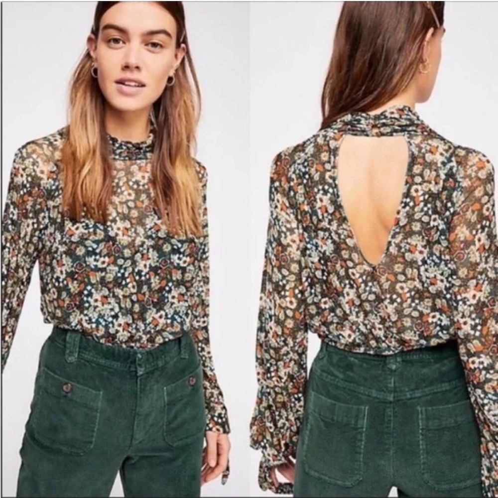 Free People Sheer Floral Mock Neck Cropped Blouse XS Green Boho Long Sleeve Top